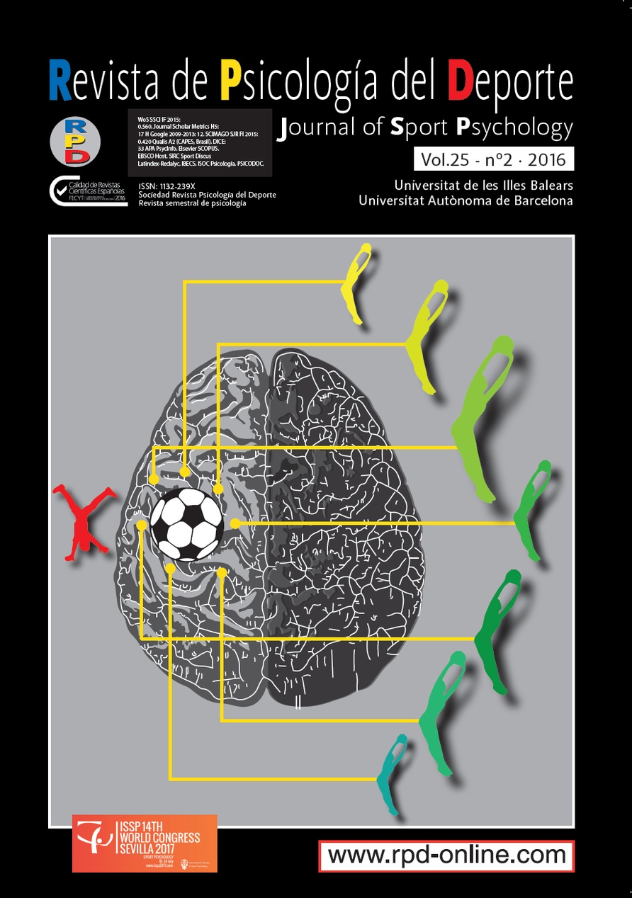 Omslaget till ett nummer av 'Revista de Psicología del Deporte' (Journal of Sport Psychology) från 2016. En hjärna med een fotboll integrerad i sig, kopplad med gula linjer till stiliserade figurer av idrottare.